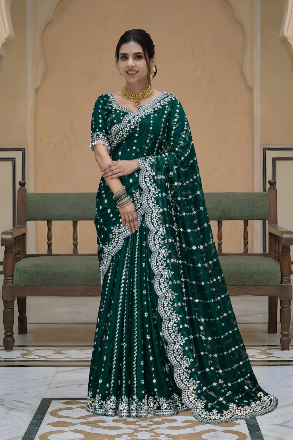 Gauri Gold Green Color Saree
