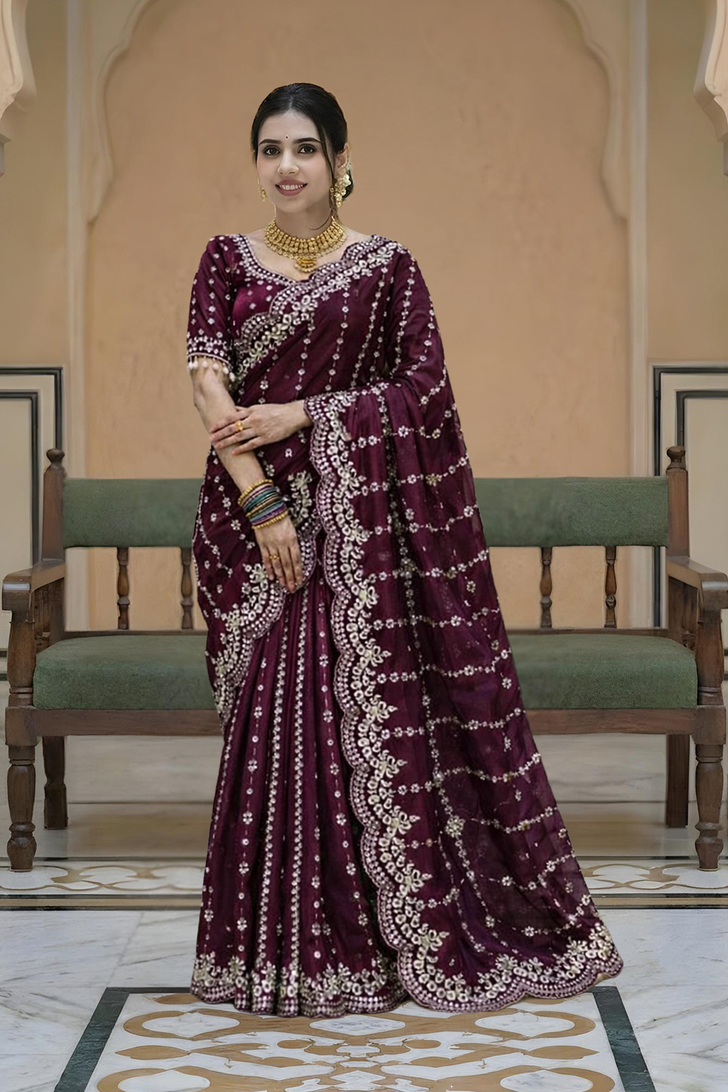 Gauri Gold Burgundy Color Saree