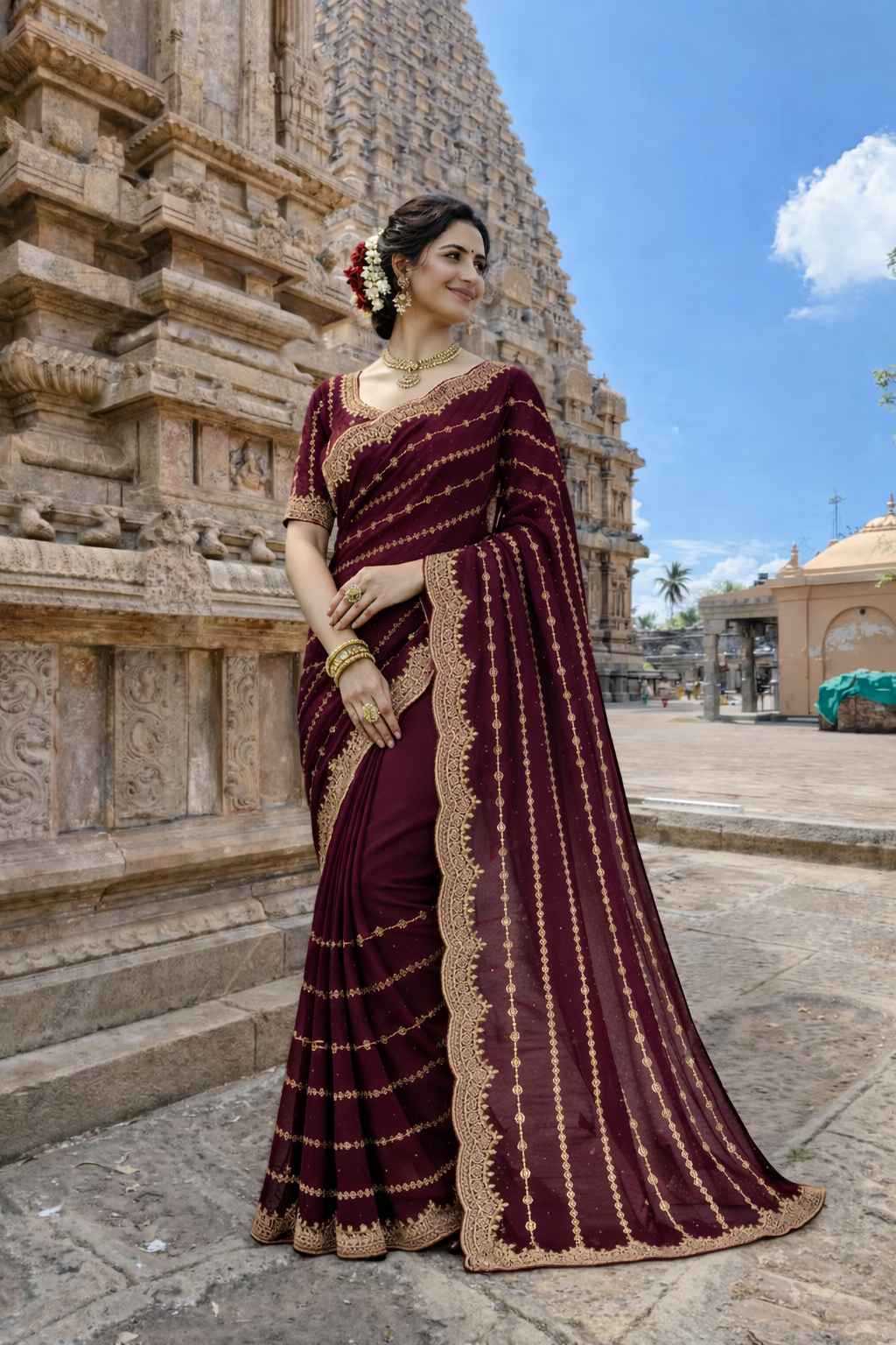 Manki Burgundy Color Saree