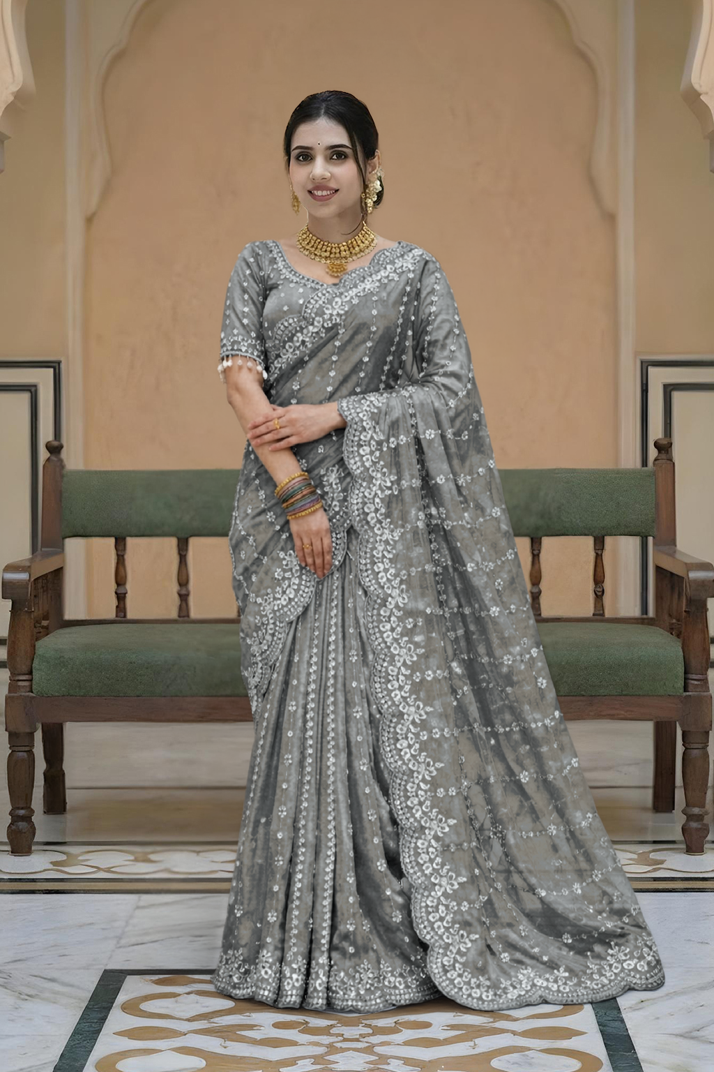 Gauri Gold Gray Color Saree